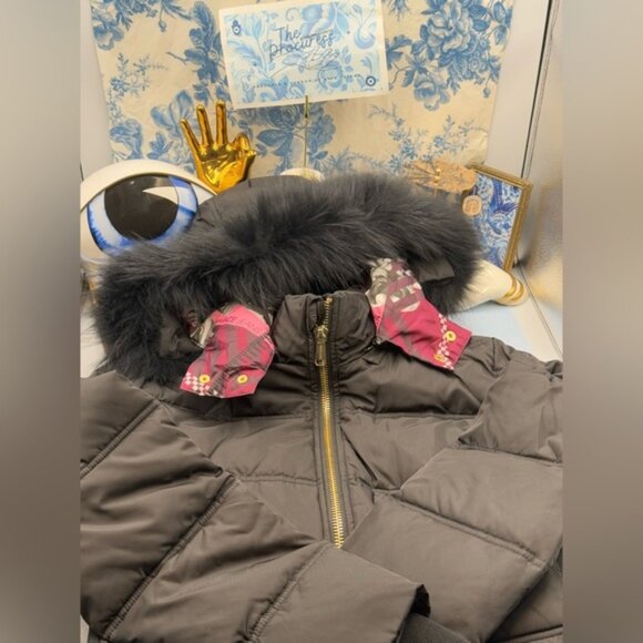 🆕 VERSACE JEANS 🧿 Black Down Filled Jacket, Fur & Scarf Print, Sz US 8 - Picture 11 of 16
